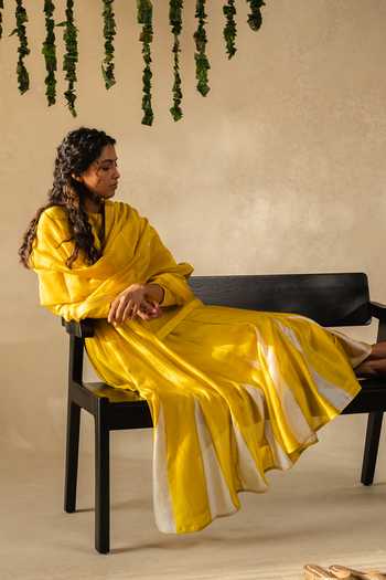 Shop_KAJAL AGRAWAL_Yellow Chanderi Silk, Cotton Round Neck Handwoven Anarkali Set 