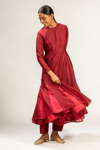 Shop_KAJAL AGRAWAL_Wine Cotton, Chanderi Silk Round Neck Handwoven Anarkali Set _Online