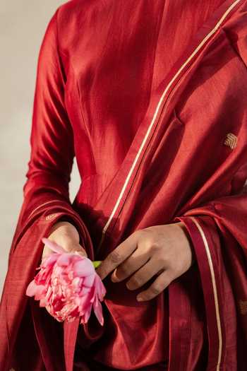 KAJAL AGRAWAL_Wine Cotton, Chanderi Silk Round Neck Handwoven Anarkali Set 