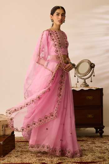 Peeli Dori_Pink Organza, Dupion Round Neck Mehfil Gulabi Saree With Blouse _Online_at_Aza_Fashions