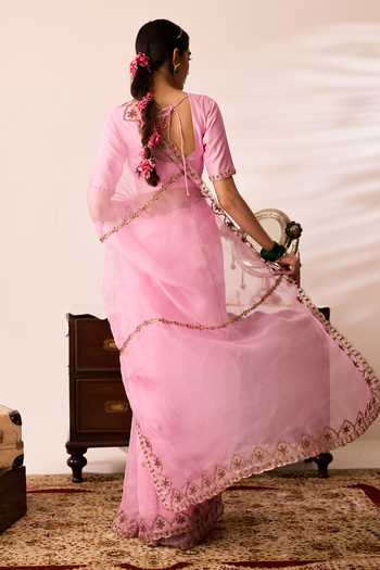 Shop_Peeli Dori_Pink Organza, Dupion Round Neck Mehfil Gulabi Saree With Blouse _at_Aza_Fashions