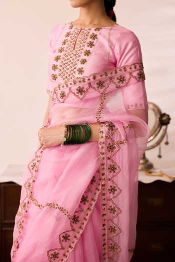 Buy_Peeli Dori_Pink Organza, Dupion Round Neck Mehfil Gulabi Saree With Blouse _Online_at_Aza_Fashions