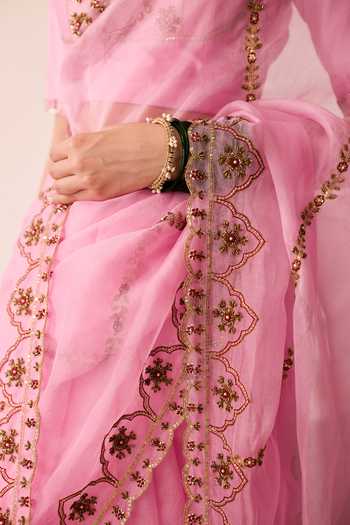 Shop_Peeli Dori_Pink Organza, Dupion Round Neck Mehfil Gulabi Saree With Blouse _Online_at_Aza_Fashions