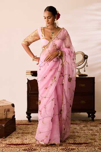Buy_Peeli Dori_Pink Organza, Chanderi Nayanthara Saree With Blouse _at_Aza_Fashions