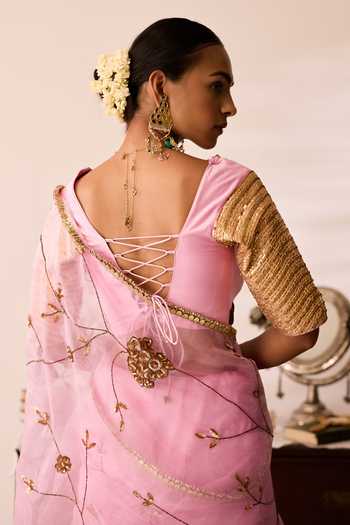 Shop_Peeli Dori_Pink Organza, Chanderi Nayanthara Saree With Blouse _at_Aza_Fashions