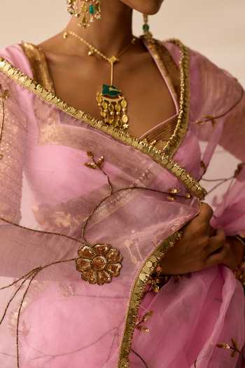 Peeli Dori_Pink Organza, Chanderi Nayanthara Saree With Blouse _Online_at_Aza_Fashions
