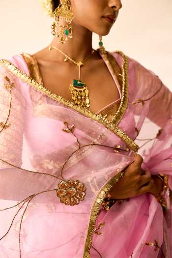 Buy_Peeli Dori_Pink Organza, Chanderi Nayanthara Saree With Blouse _Online_at_Aza_Fashions