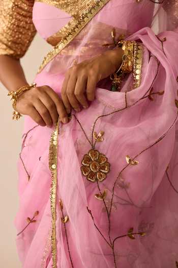 Shop_Peeli Dori_Pink Organza, Chanderi Nayanthara Saree With Blouse _Online_at_Aza_Fashions