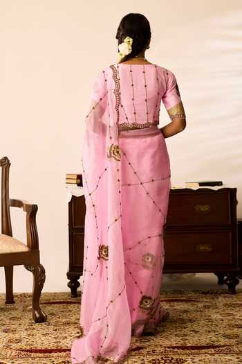 Shop_Peeli Dori_Pink Organza, Chanderi Gulbahar Saree And Blouse Set _at_Aza_Fashions