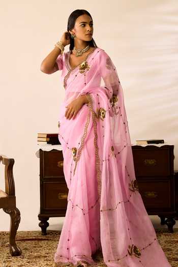 Peeli Dori_Pink Organza, Chanderi Gulbahar Saree And Blouse Set _Online_at_Aza_Fashions