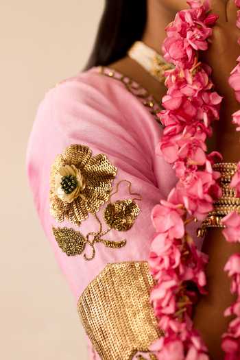 Buy_Peeli Dori_Pink Organza, Chanderi Gulbahar Saree And Blouse Set _Online_at_Aza_Fashions
