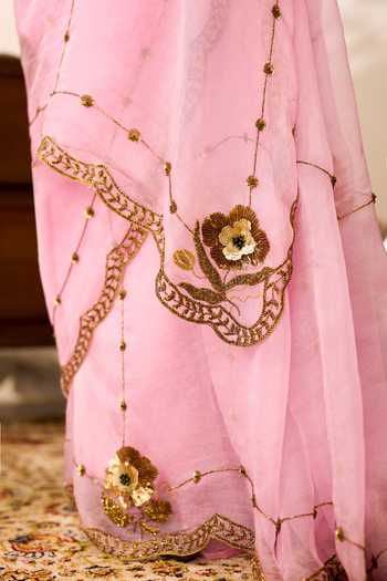 Shop_Peeli Dori_Pink Organza, Chanderi Gulbahar Saree And Blouse Set _Online_at_Aza_Fashions