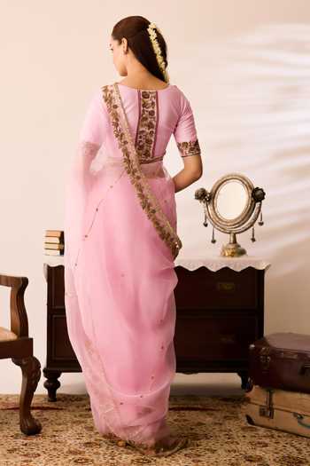 Shop_Peeli Dori_Pink Organza, Chanderi Square Neck Ruqmani Saree With Blouse _at_Aza_Fashions