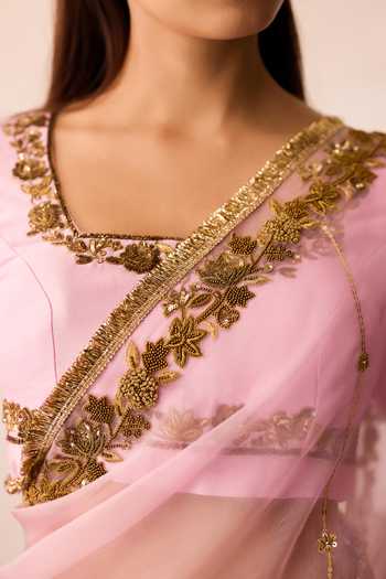 Peeli Dori_Pink Organza, Chanderi Square Neck Ruqmani Saree With Blouse _Online_at_Aza_Fashions