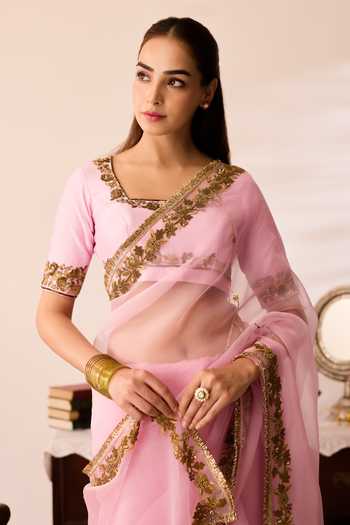 Buy_Peeli Dori_Pink Organza, Chanderi Square Neck Ruqmani Saree With Blouse _Online_at_Aza_Fashions