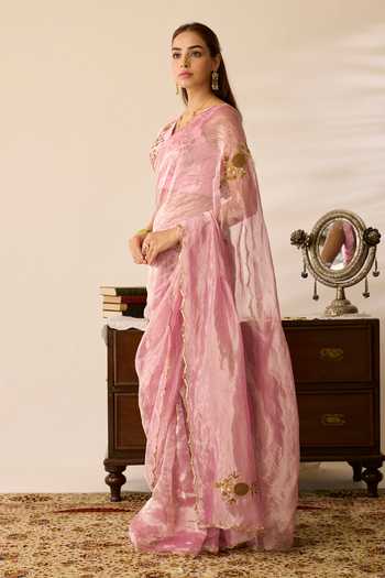 Buy_Peeli Dori_Pink Tissue, Dupion V-neck Meadow Silk Saree With Blouse _Online_at_Aza_Fashions