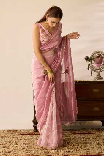 Shop_Peeli Dori_Pink Tissue, Dupion V-neck Meadow Silk Saree With Blouse _at_Aza_Fashions