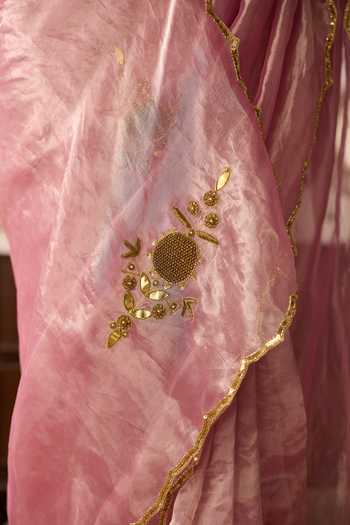 Peeli Dori_Pink Tissue, Dupion V-neck Meadow Silk Saree With Blouse _at_Aza_Fashions
