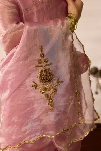 Buy_Peeli Dori_Pink Tissue, Dupion V-neck Meadow Silk Saree With Blouse 
