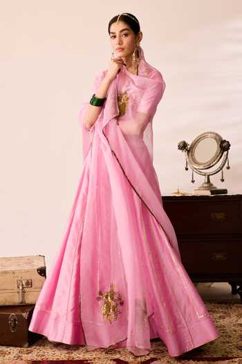 Shop_Peeli Dori_Pink Organza, Chanderi Round Neck Ragini Gulabi Lehenga Set _at_Aza_Fashions