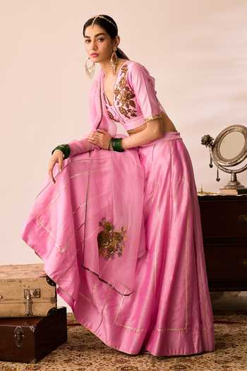 Buy_Peeli Dori_Pink Organza, Chanderi Round Neck Ragini Gulabi Lehenga Set _Online_at_Aza_Fashions