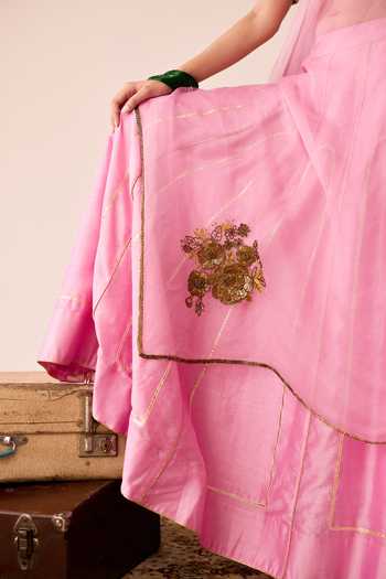 Shop_Peeli Dori_Pink Organza, Chanderi Round Neck Ragini Gulabi Lehenga Set _Online_at_Aza_Fashions