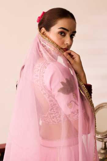 Shop_Peeli Dori_Pink Organza, Chanderi V-neck Tulip Gulabi Lehenga Set _at_Aza_Fashions