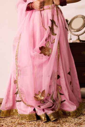 Shop_Peeli Dori_Pink Organza, Chanderi V-neck Tulip Gulabi Lehenga Set _Online_at_Aza_Fashions