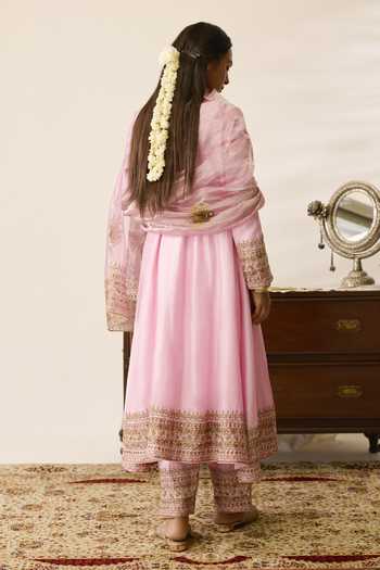 Shop_Peeli Dori_Pink Chanderi, Tissue Round Neck Gulabi Gulmohar Embroidered Kurta Set _at_Aza_Fashions