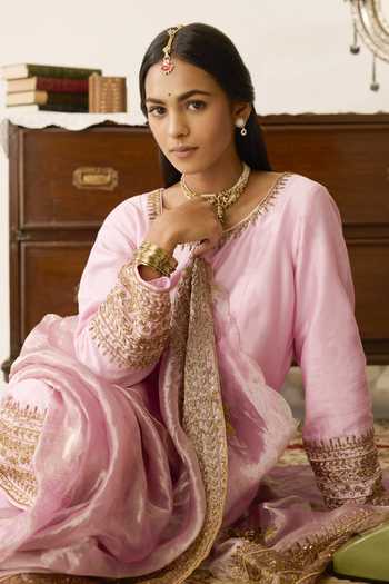 Buy_Peeli Dori_Pink Chanderi, Tissue Round Neck Gulabi Gulmohar Embroidered Kurta Set _Online_at_Aza_Fashions