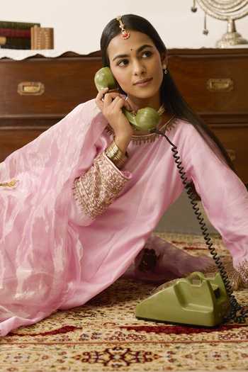 Shop_Peeli Dori_Pink Chanderi, Tissue Round Neck Gulabi Gulmohar Embroidered Kurta Set _Online_at_Aza_Fashions
