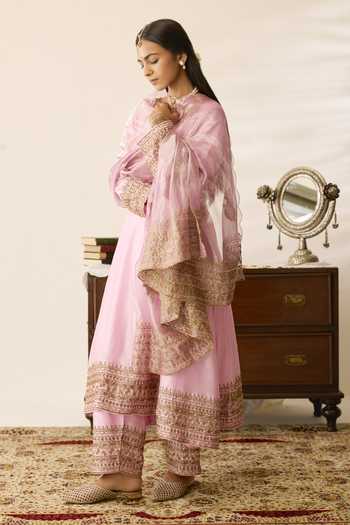 Buy_Peeli Dori_Pink Chanderi, Tissue Round Neck Gulabi Gulmohar Embroidered Kurta Set 