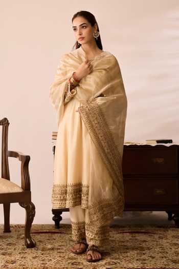 Shop_Peeli Dori_Ivory Chanderi, Tissue Round Neck Gulmohar Embroidered Kurta Set _Online_at_Aza_Fashions