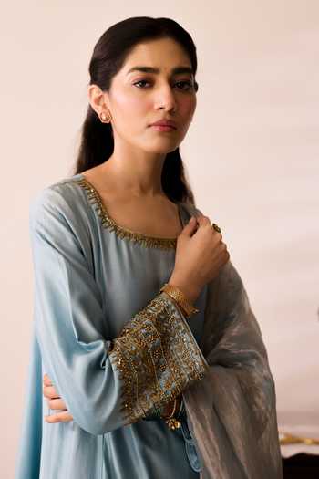 Peeli Dori_Blue Chanderi, Tissue Round Neck Powder Gulmohar Kurta Set _Online_at_Aza_Fashions