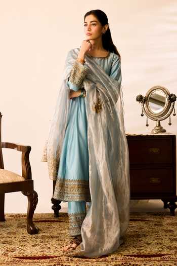 Shop_Peeli Dori_Blue Chanderi, Tissue Round Neck Powder Gulmohar Kurta Set _at_Aza_Fashions
