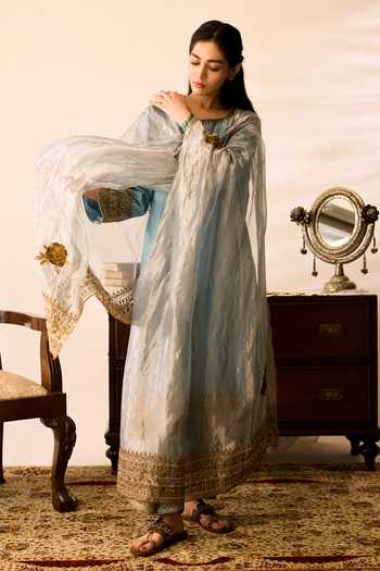 Buy_Peeli Dori_Blue Chanderi, Tissue Round Neck Powder Gulmohar Kurta Set _Online_at_Aza_Fashions