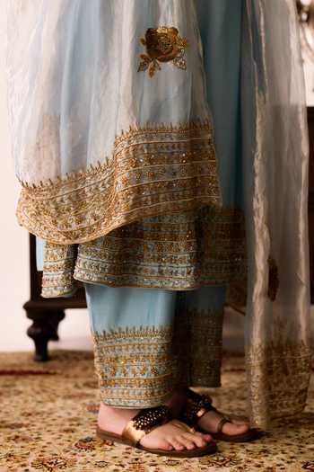 Shop_Peeli Dori_Blue Chanderi, Tissue Round Neck Powder Gulmohar Kurta Set _Online_at_Aza_Fashions