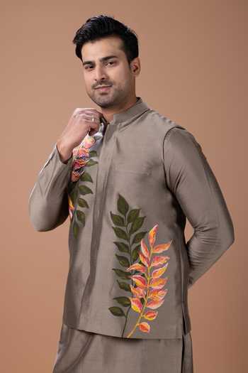 Priyanka Haralalka_Grey Silk, Cotton Kurta Set With Bundi _Online_at_Aza_Fashions