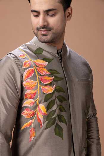 Buy_Priyanka Haralalka_Grey Silk, Cotton Kurta Set With Bundi _Online_at_Aza_Fashions