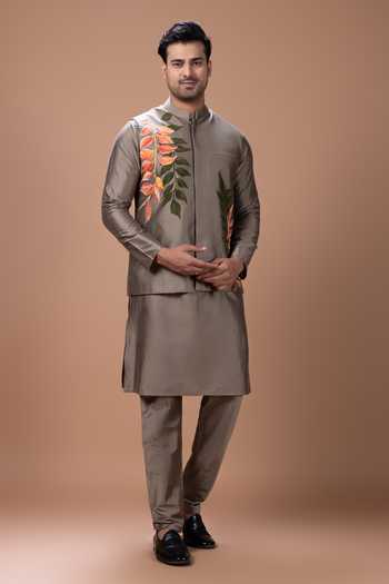 Priyanka Haralalka_Grey Silk, Cotton Kurta Set With Bundi _at_Aza_Fashions