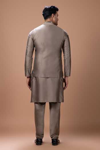 Shop_Priyanka Haralalka_Grey Silk, Cotton Kurta Set With Bundi _at_Aza_Fashions