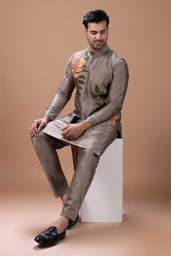 Shop_Priyanka Haralalka_Grey Silk, Cotton Kurta Set With Bundi 