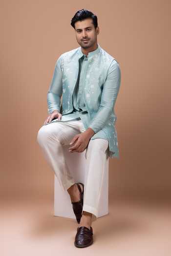 Priyanka Haralalka_Aqua Silk, Cotton Bundi And Kurta Set _Online_at_Aza_Fashions