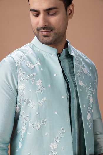Shop_Priyanka Haralalka_Aqua Silk, Cotton Bundi And Kurta Set _Online_at_Aza_Fashions