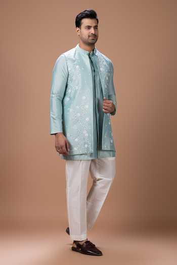 Buy_Priyanka Haralalka_Aqua Silk, Cotton Bundi And Kurta Set 