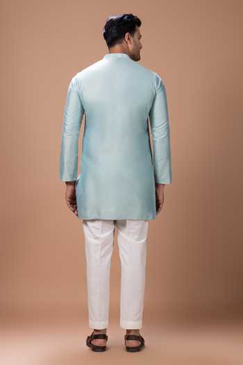 Shop_Priyanka Haralalka_Aqua Silk, Cotton Bundi And Kurta Set _at_Aza_Fashions