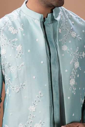 Shop_Priyanka Haralalka_Aqua Silk, Cotton Bundi And Kurta Set 