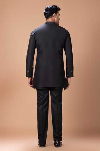 Shop_Priyanka Haralalka_Black Silk, Cotton Bundi And Kurta Set _at_Aza_Fashions