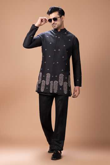 Shop_Priyanka Haralalka_Black Silk, Cotton Bundi And Kurta Set _Online_at_Aza_Fashions