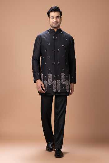 Buy_Priyanka Haralalka_Black Silk, Cotton Bundi And Kurta Set 